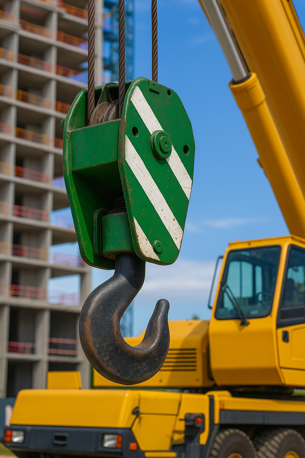 Image of a green crane hook with a crane cab in the background | Crane Safe LLC